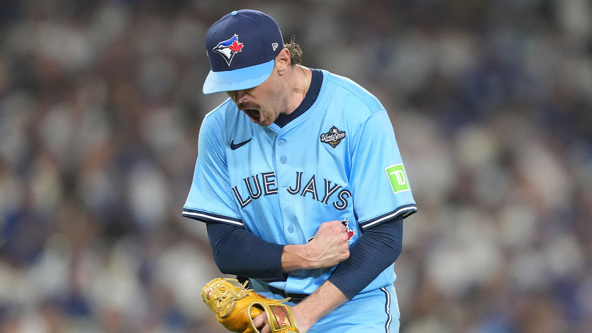 Blue Jays pitcher Shane Bieber (57) reacts