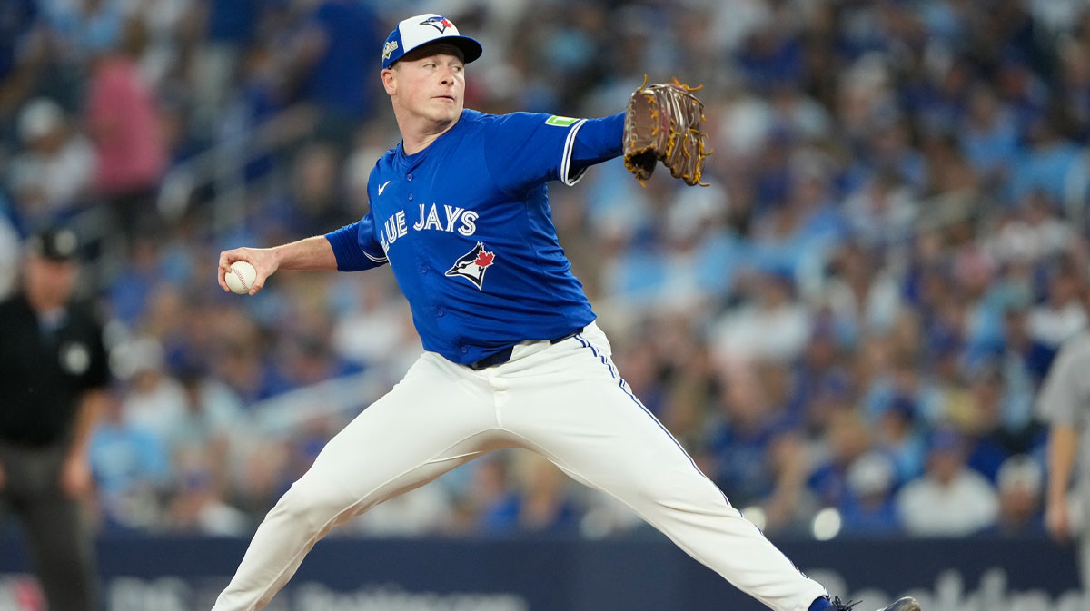 ; Toronto Blue Jays pitcher Louis Varland (77) throws in the eighth inning against the New York Yankees during game two of the ALDS round for the 2025 MLB playoffs at Rogers Centre.