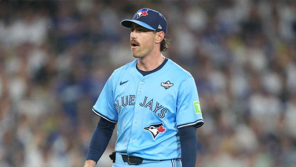 Toronto Blue Jays pitcher Shane Bieber (57) reacts in the third inning against the Los Angeles Dodgers during game four of the 2025 MLB World Series at Dodger Stadium.