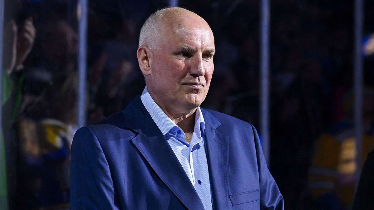 St. Louis Blues general manager Doug Armstrong looks on before a game against the Vegas Golden Knights at Enterprise Center.