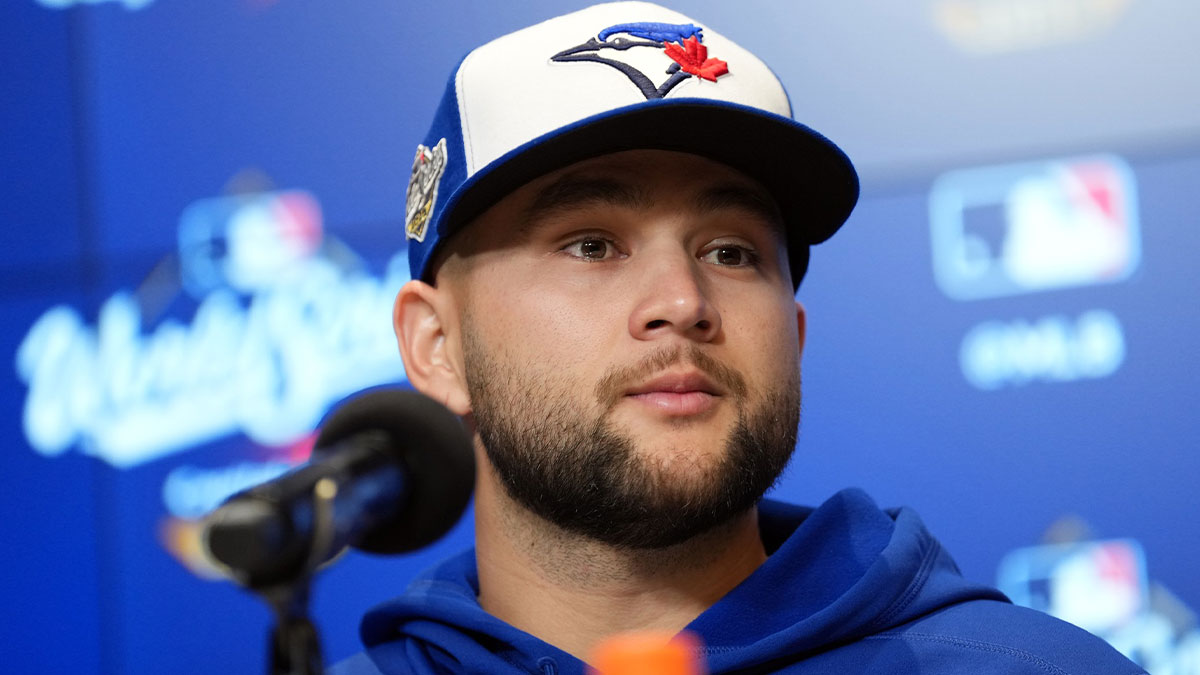 Toronto Blue Jays second baseman Bo Bichette (11) speaks to the media before game one of the 2025 MLB World Series against the Los Angeles Dodgers at Rogers Centre.