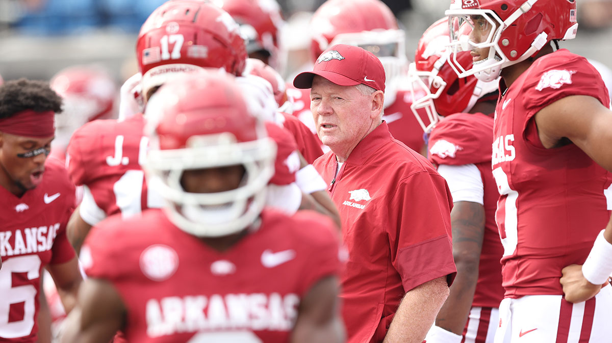 Arkansas Razorbacks offensive coordinator Bobby Petrino prior tot he game against the Arkansas State Red Wolves at War Memorial Stadium.