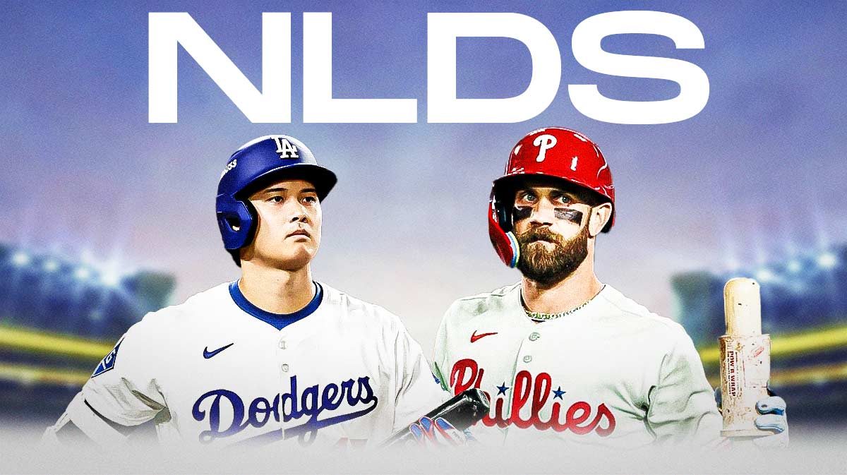 In background, write the following: NLDS In front, place Dodgers Shohei Ohtani and Phillies Bryce Harper both looking serious.