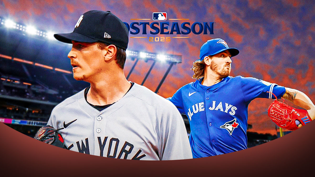 Graphic with Yankees' Max Fried and Blue Jays' Kevin Gausman in their jerseys with the 2025 MLB Postseason logo.