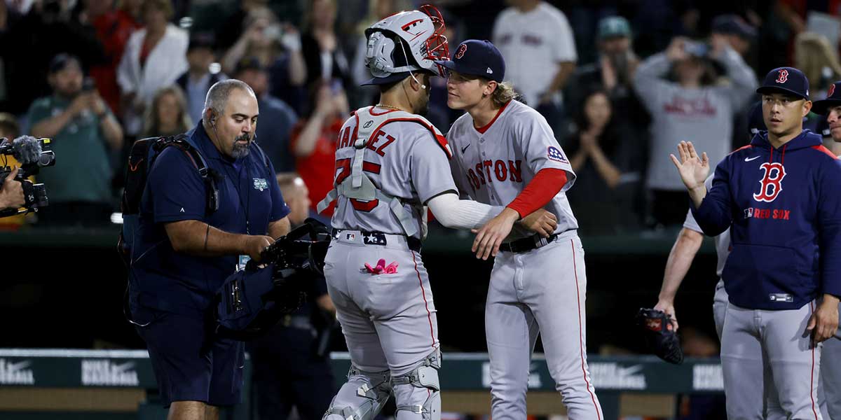 Boston Red Sox starting pitcher Connelly Early (71) hugs with catcher Carlos Narvaez (75) after the game against the Athletics at Sutter Health Park.