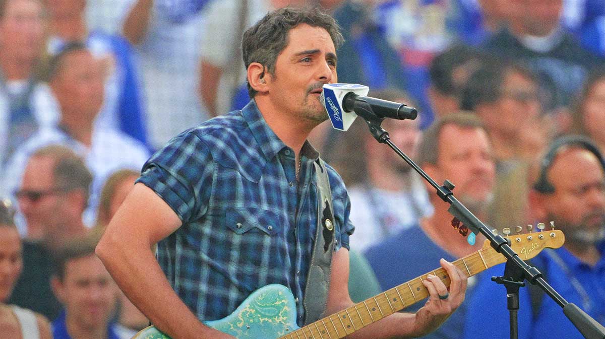 American singer Brad Paisley performs the United States national anthem before game three of the 2025 MLB World Series between the Toronto Blue Jays and the Los Angeles Dodgers at Dodger Stadium.