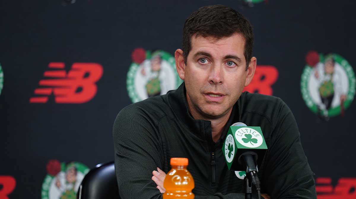 Boston Celtics president of basketball operations Brad Stevens talks to reporters during media day at the Auerbach Center.