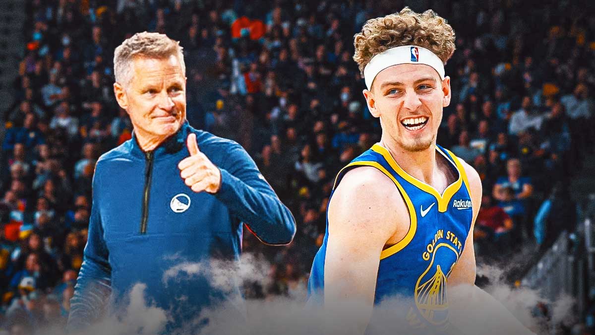 Warriors' Brandin Podziemski smiling with Steve Kerr giving him a thumbs up
