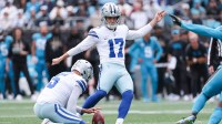 Dallas Cowboys kicker Brandon Aubrey (17) kicks a field goal during the first quarter against the Carolina Panthers at Bank of America Stadium.