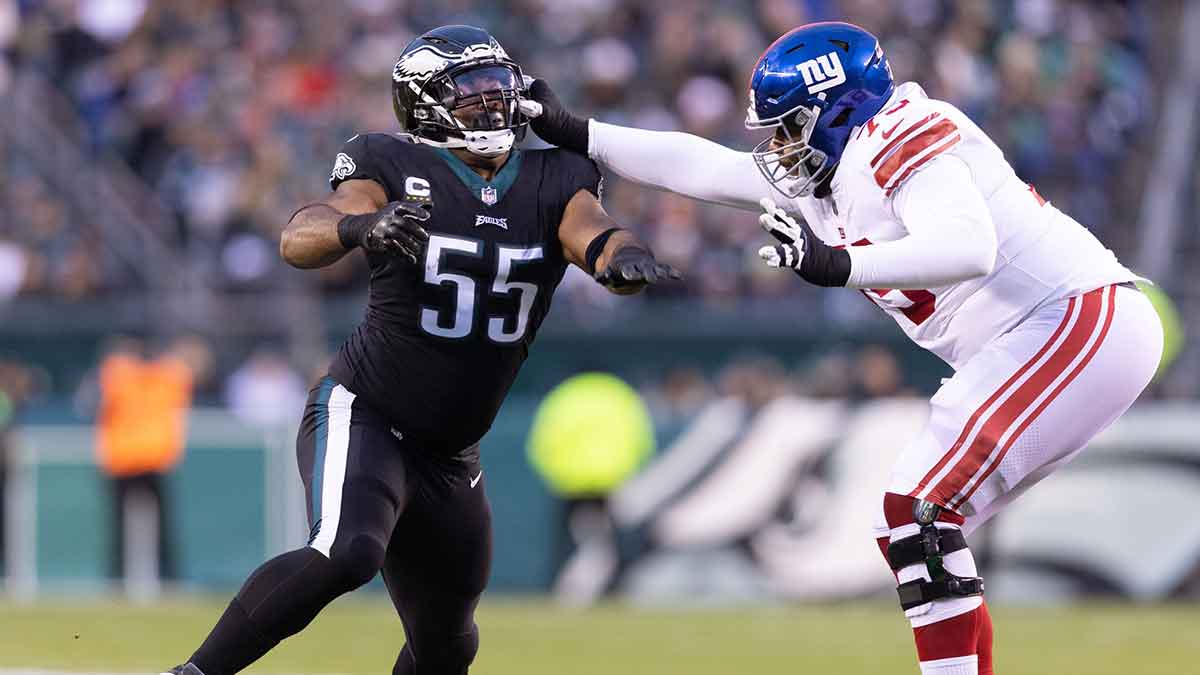 Philadelphia Eagles defensive end Brandon Graham (55) and New York Giants guard Joshua Ezeudu (75) in action during the first quarter at Lincoln Financial Field.