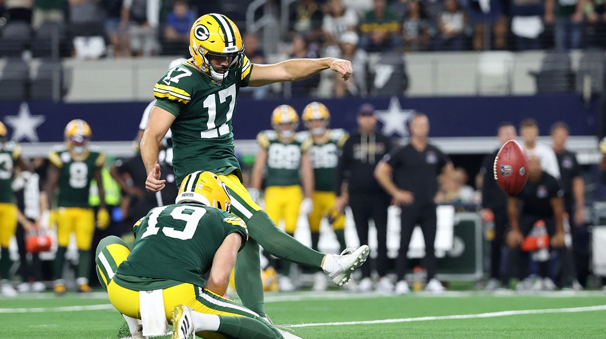 Green Bay Packers place kicker Brandon McManus (17) kicks a game tying field goal in overtime against the Dallas Cowboys at AT&T Stadium.