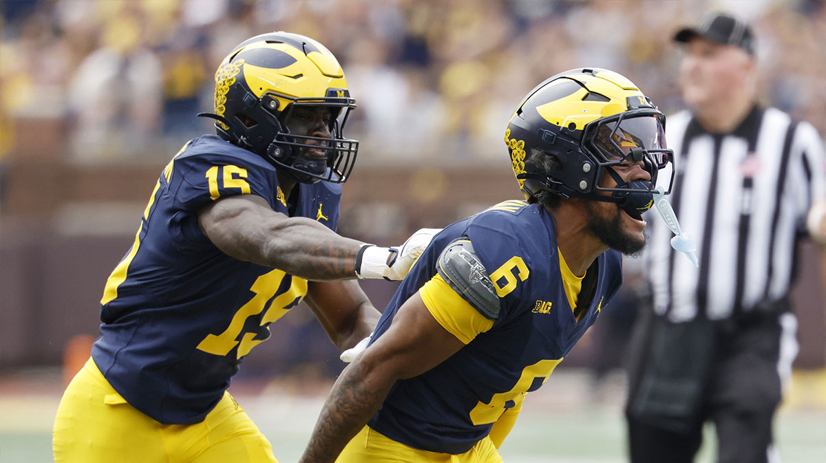 Michigan Wolverines defensive back Brandyn Hillman (6) and linebacker Ernest Hausmann (15) celebrate a play in the first half against the Central Michigan Chippewas at Michigan Stadium.