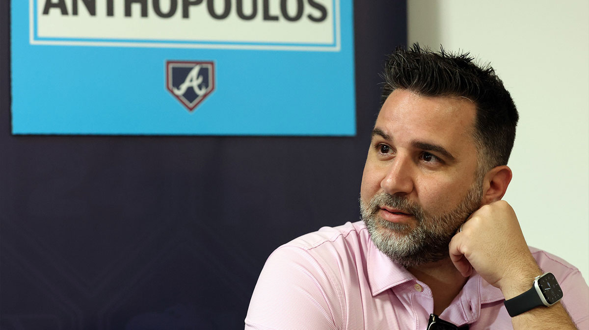 Atlanta Braves general manager and president of baseball operations Alex Anthopoulos talks with media at George M. Steinbrenner Field.
