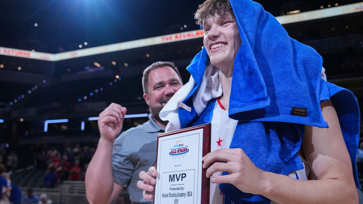 Indiana All-Star and Mr. Basketball Braylon Mullins (1) smiles for a photo after being named the MVP on Saturday, June 7, 2025, during the Indiana vs. Kentucky All-Star game at Gainbridge Fieldhouse in Indianapolis.