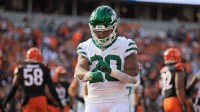 New York Jets running back Breece Hall (20) celebrates during the fourth quarter against the Cincinnati Bengals at Paycor Stadium.