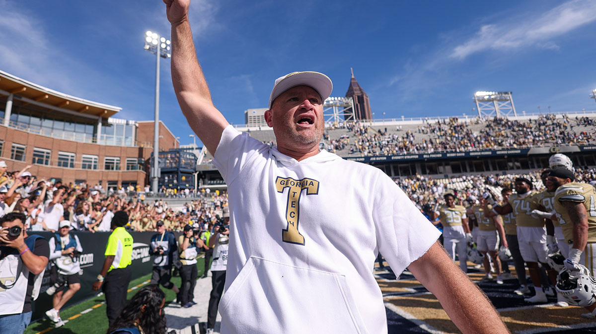 Georgia Tech Yellow Jackets head coach Brent Key celebrates after a victory over the Syracuse Orange at Bobby Dodd Stadium at Hyundai Field. Mandatory Credit: Brett Davis-Imagn Images