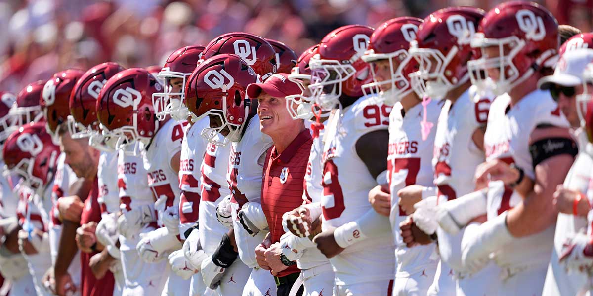 Oklahoma head coach Brent Venables lines up with the team before the Red River Rivalry college football game between the University of Oklahoma Sooners and the Texas Longhorn at the Cotton Bowl Stadium in Dallas, Texas, Saturday, Oct. 11, 2025.