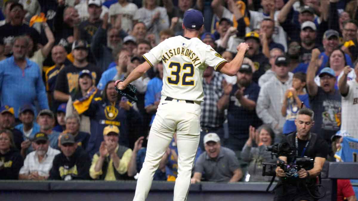 Milwaukee Brewers pitcher Jacob Misiorowski (32) celebrates after getting out Chicago Cubs catcher Carson Kelly (15) for the 3rd out during the third inning of the National League Division Series game at American Family Field in Milwaukee, Wisconsin on Oct. 6, 2025.