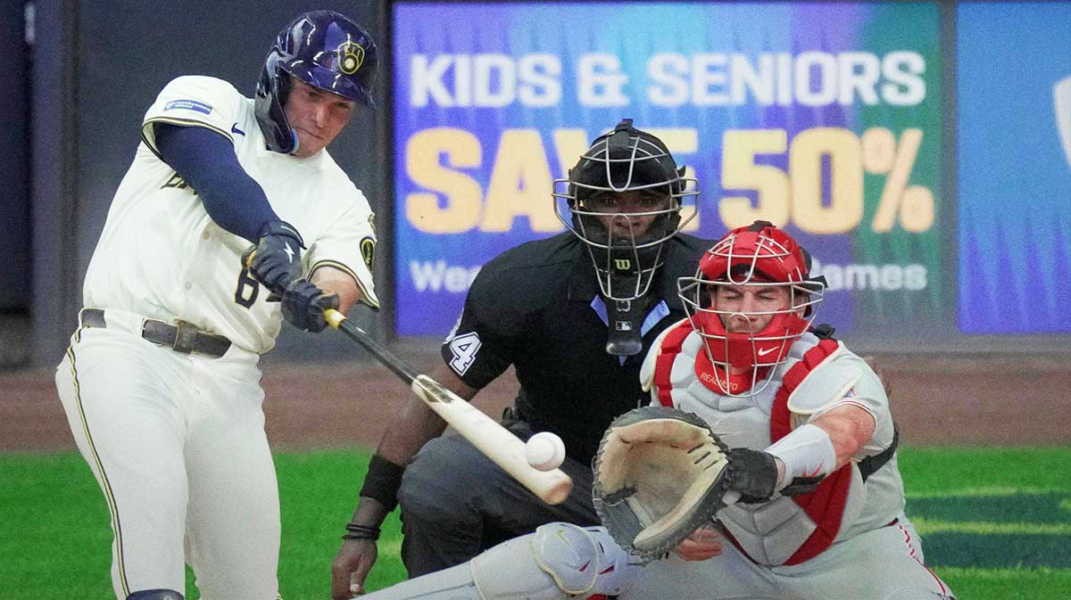 Milwaukee Brewers outfielder Isaac Collins (6) drives in two runs on a single during the eighth inning of their game against the Philadelphia Phillies Monday, September 1, 2025 at American Family Field in Milwaukee, Wisconsin.