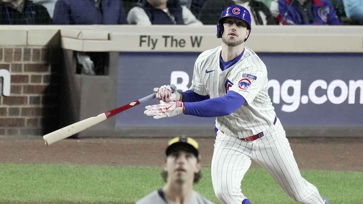 Chicago Cubs' Kyle Tucker (30) watches his solo home run off Milwaukee Brewers pitcher Robert Gasser (54) during the seventh inning during game four of the NLDS round for the 2025 MLB playoffs at Wrigley Field.