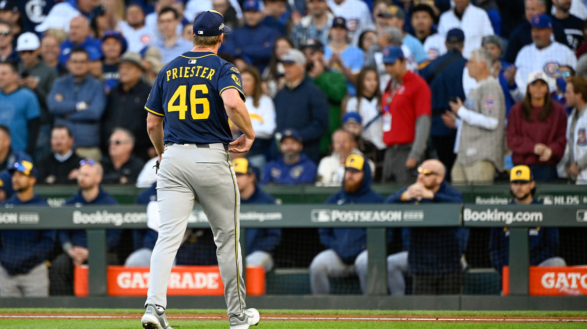Milwaukee Brewers pitcher Quinn Priester (46) heads to the dugout after being relieved against the Chicago Cubs in the first inning during game three of the NLDS round for the 2025 MLB playoffs at Wrigley Field.
