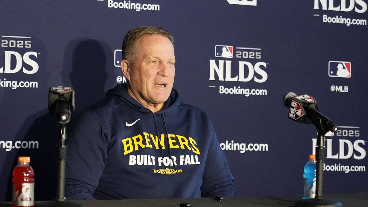 Milwaukee Brewers manager Pat Murphy talks to the media before game four of the NLDS round for the 2025 MLB playoffs at Wrigley Field.