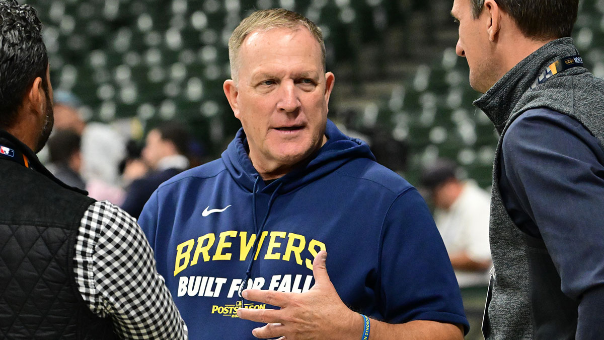 Milwaukee Brewers manager Pat Murphy (49) talks to reporters prior to a game against the Los Angeles Dodgers during game one of the NLCS round for the 2025 MLB playoffs at American Family Field.