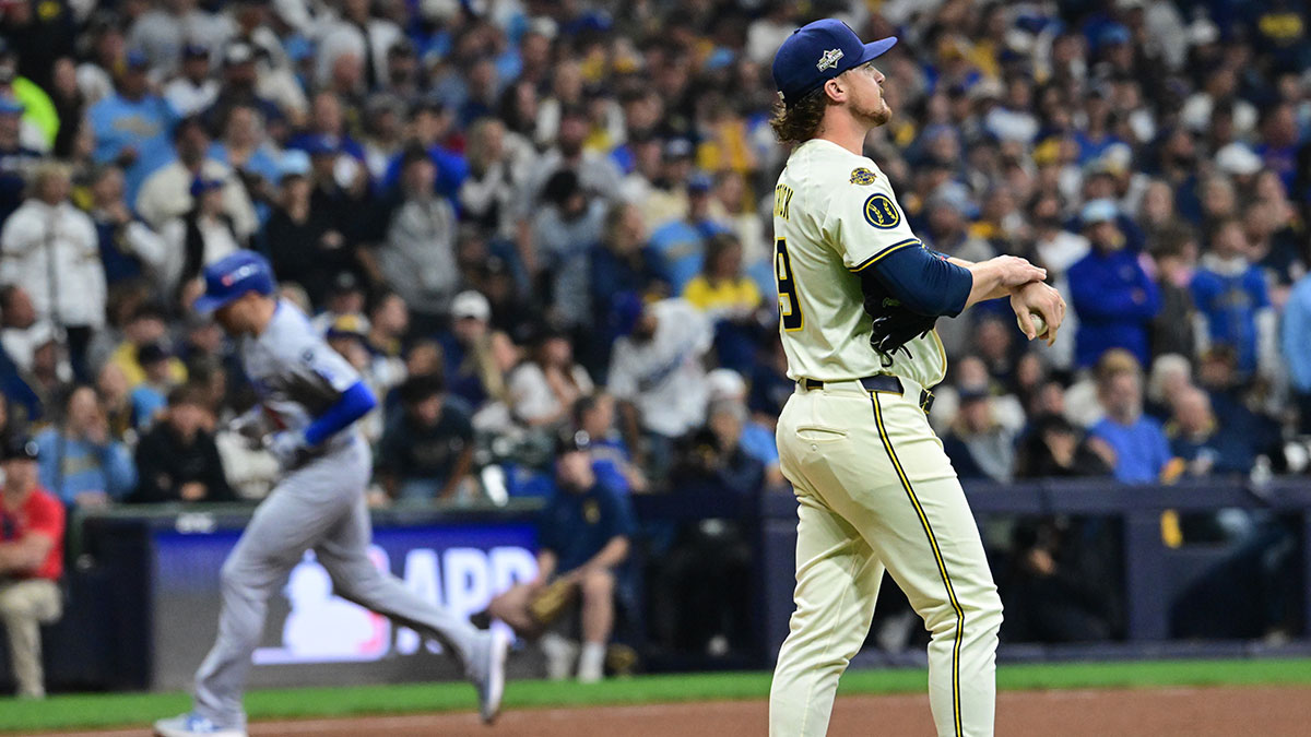 Milwaukee Brewers relief pitcher Chad Patrick (39) reacts after giving up a home run to Los Angeles Dodgers first baseman Freddie Freeman (5) during the sixth inning during game one of the NLCS round for the 2025 MLB playoffs at American Family Field.