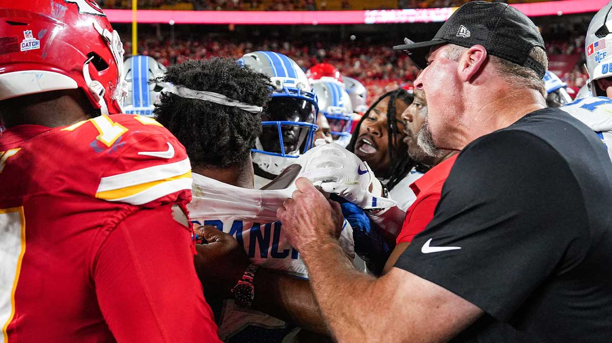 Detroit Lions head coach Dan Campbell tries pull safety Brian Branch out from the scuffle after 30-17 loss to Kansas City Chiefs at Arrowhead Stadium in Kansas City, Missouri on Sunday, Oct. 12, 2025.