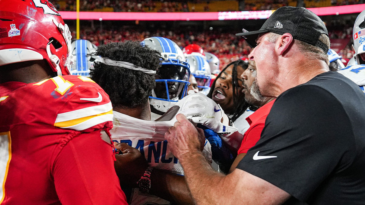 Detroit Lions head coach Dan Campbell tries pull safety Brian Branch out from the scuffle after 30-17 loss to Kansas City Chiefs at Arrowhead Stadium in Kansas City, Missouri on Sunday, Oct. 12, 2025.