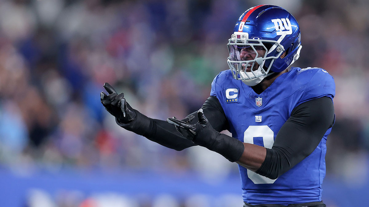 New York Giants linebacker Brian Burns (0) celebrates after a sack against the Philadelphia Eagles during the first quarter of the game at MetLife Stadium.