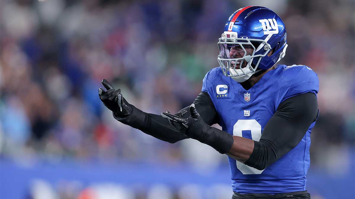 New York Giants linebacker Brian Burns (0) celebrates after a sack against the Philadelphia Eagles during the first quarter of the game at MetLife Stadium.