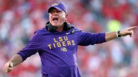 LSU Tigers head coach Brian Kelly reacts during the fourth quarter against the Mississippi Rebels at Vaught-Hemingway Stadium.