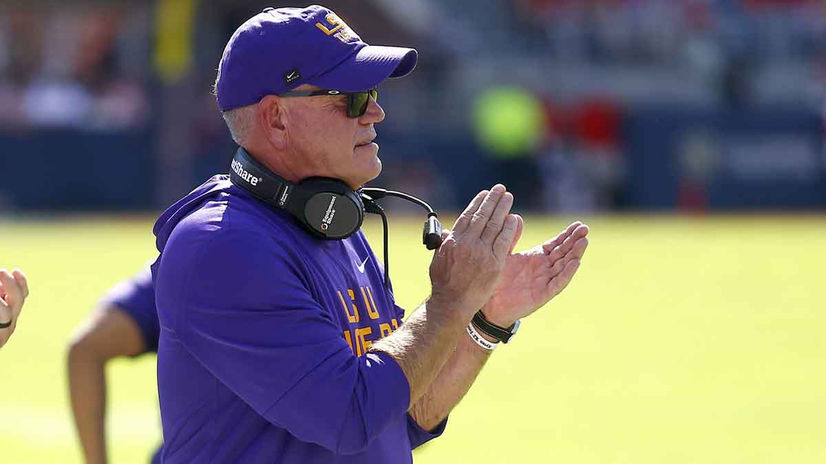LSU Tigers head coach Brian Kelly reacts during the first quarter against the Mississippi Rebels at Vaught-Hemingway Stadium.
