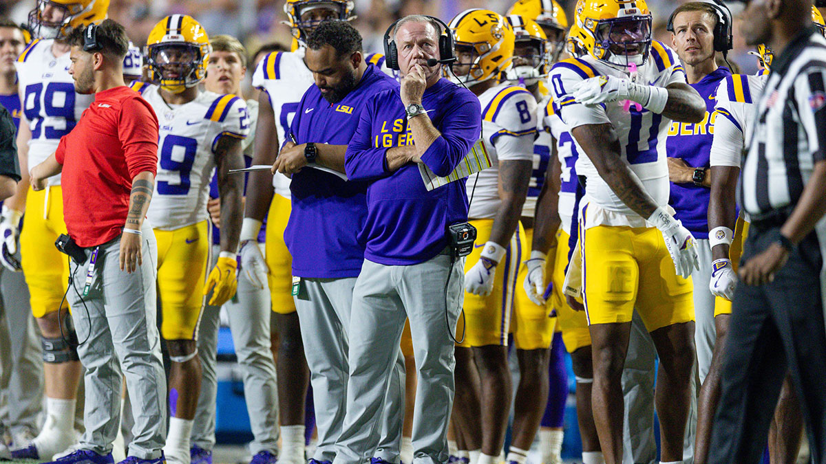 LSU Tigers head coach Brian Kelly looks on against the South Carolina Gamecocks during the first half at Tiger Stadium.