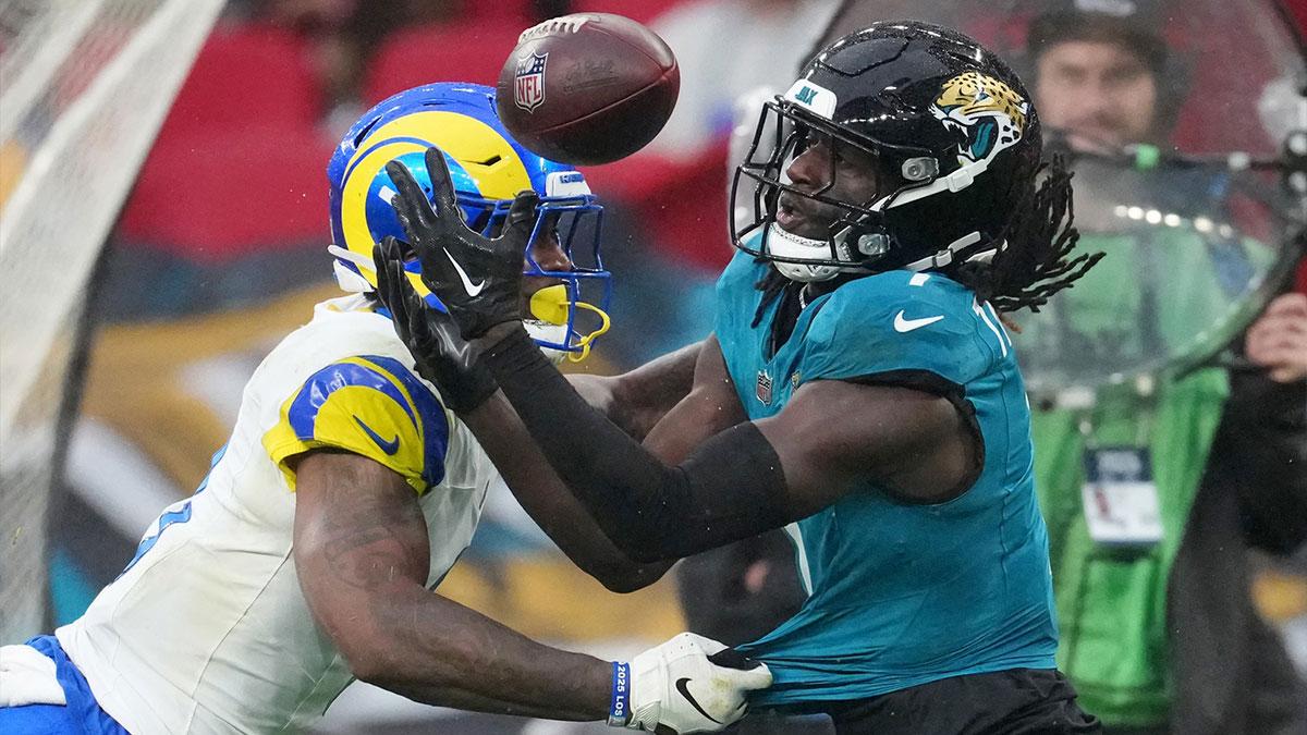 Los Angeles Rams safety Kam Curl (3) breaks up a pass intended for Jacksonville Jaguars wide receiver Brian Thomas Jr. (7) during the second half of an NFL International Series game at Wembley Stadium. 