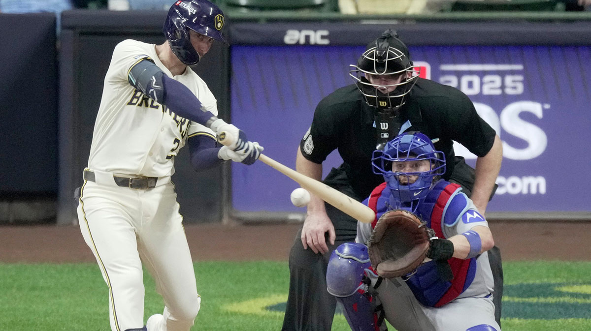 Milwaukee Brewers second baseman Brice Turang (2) hits a solo home run during the seventh inning of their National League Division Series game against the Chicago Cubs Saturday, October 11, 2025 at American Family Field n Milwaukee, Wisconsin.