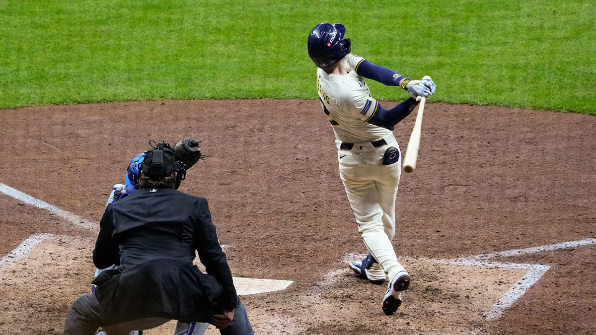 Milwaukee Brewers second baseman Brice Turang (2) strikes out against the Los Angeles Dodgers to end game one of the NLCS round for the 2025 MLB playoffs at American Family Field.
