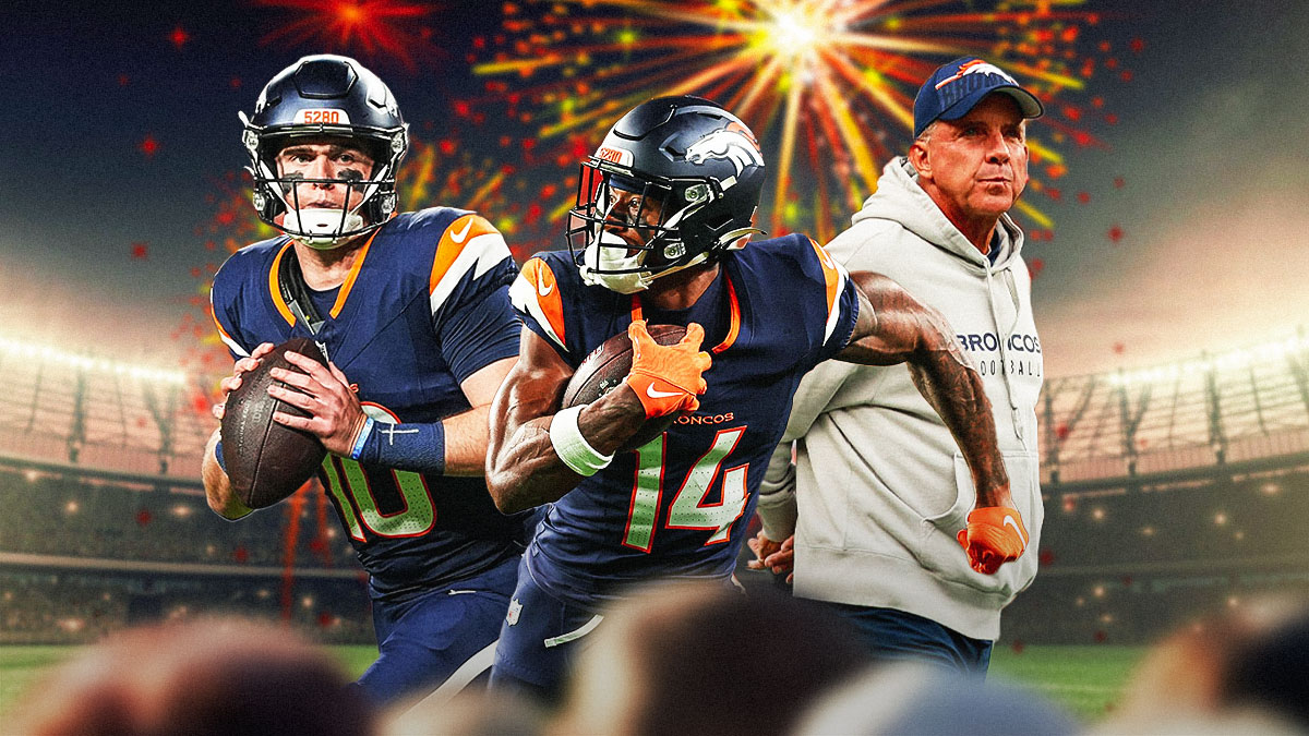 Bo Nix, Courtland Sutton, coach Sean Payton all beside each other, Fireworks in the background