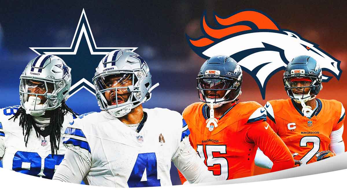 Cowboys' Dak Prescott and CeeDee Lamb with a Cowboys logo on one side, Broncos' Nik Bonitto and Patrick Surtain on the other side with a Broncos logo