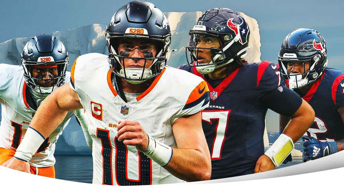 Bo Nix, Courtland Sutton on one side, CJ Stroud, Nico Collins on the other side, Iceberg in the background