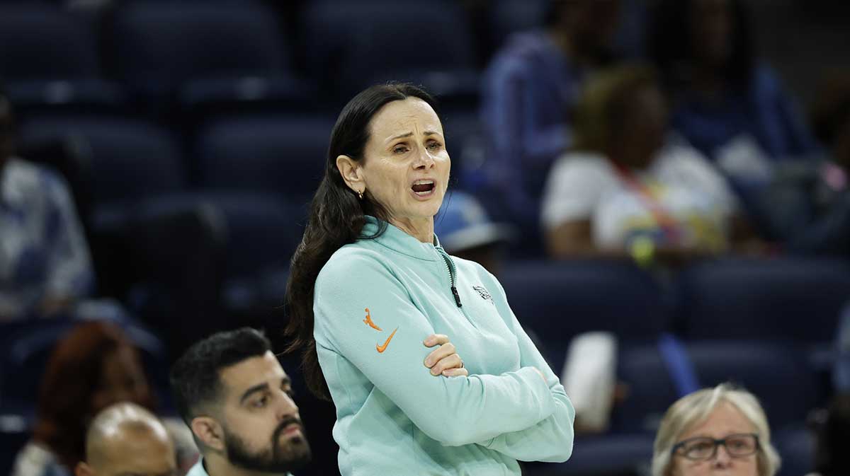 New York Liberty head coach Sandy Brondello reacts during the first half at Wintrust Arena.