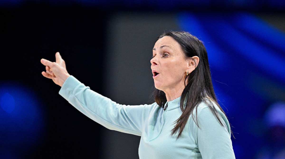 New York Liberty head coach Sandy Brondello looks on during the game between the Dallas Wings and the New York Liberty at College Park Center.