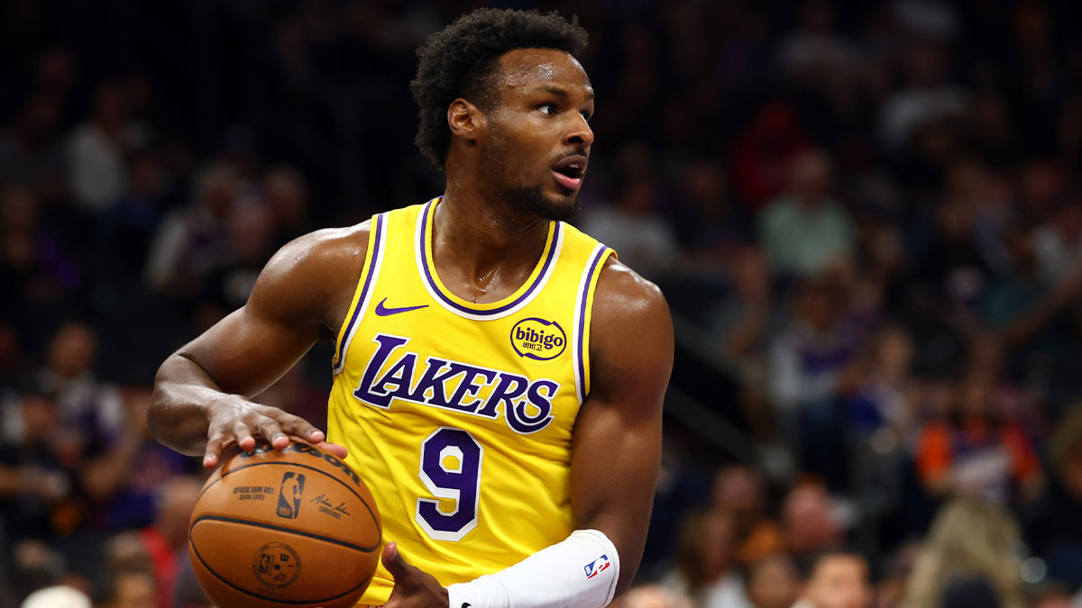 Los Angeles Lakers guard Bronny James (9) against the Phoenix Suns during an NBA preseason game at Mortgage Matchup Center.