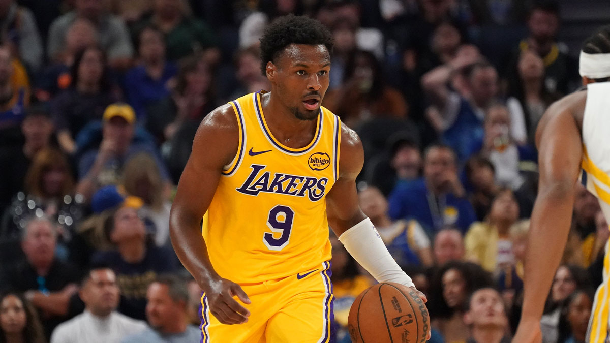 Los Angeles Lakers guard Bronny James (9) dribbles upcourt against the Golden State Warriors in the second quarter at Chase Center.