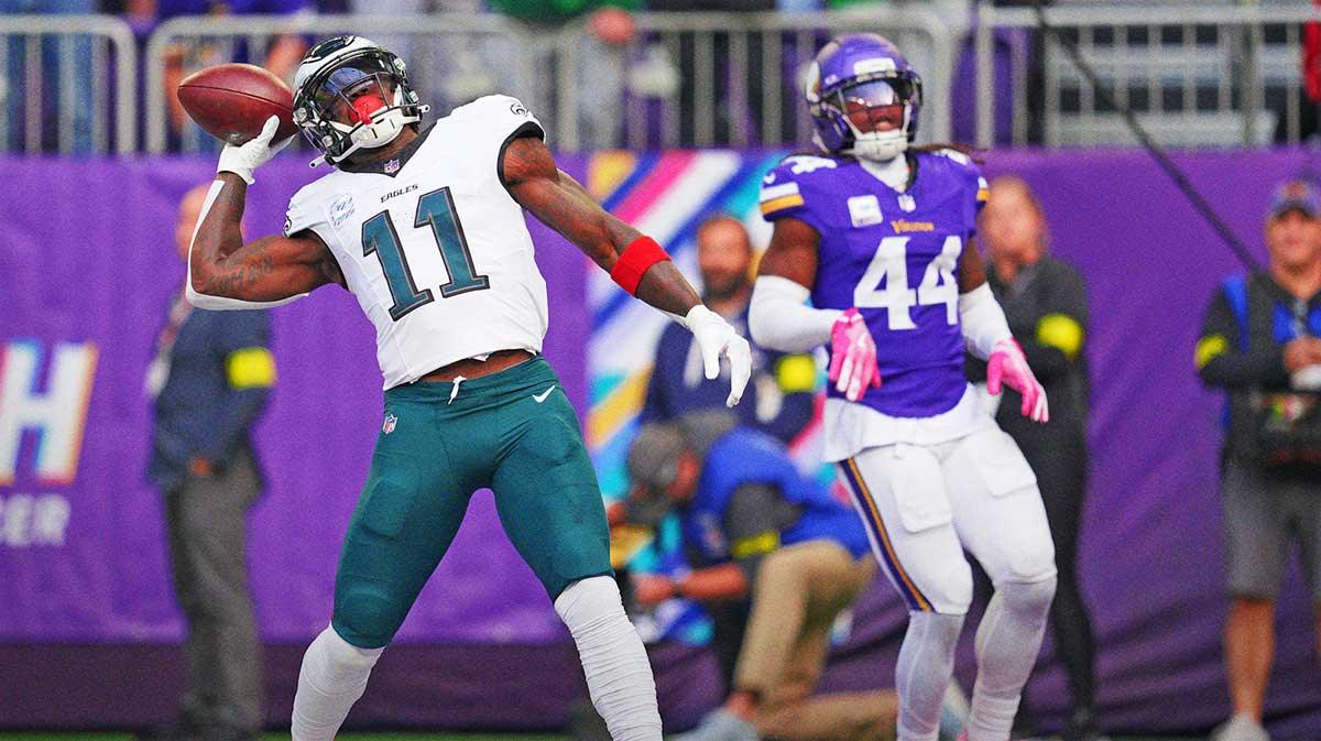 Philadelphia Eagles wide receiver A.J. Brown (11) celebrates after a touchdown during the first half against the Minnesota Vikings at U.S. Bank Stadium.