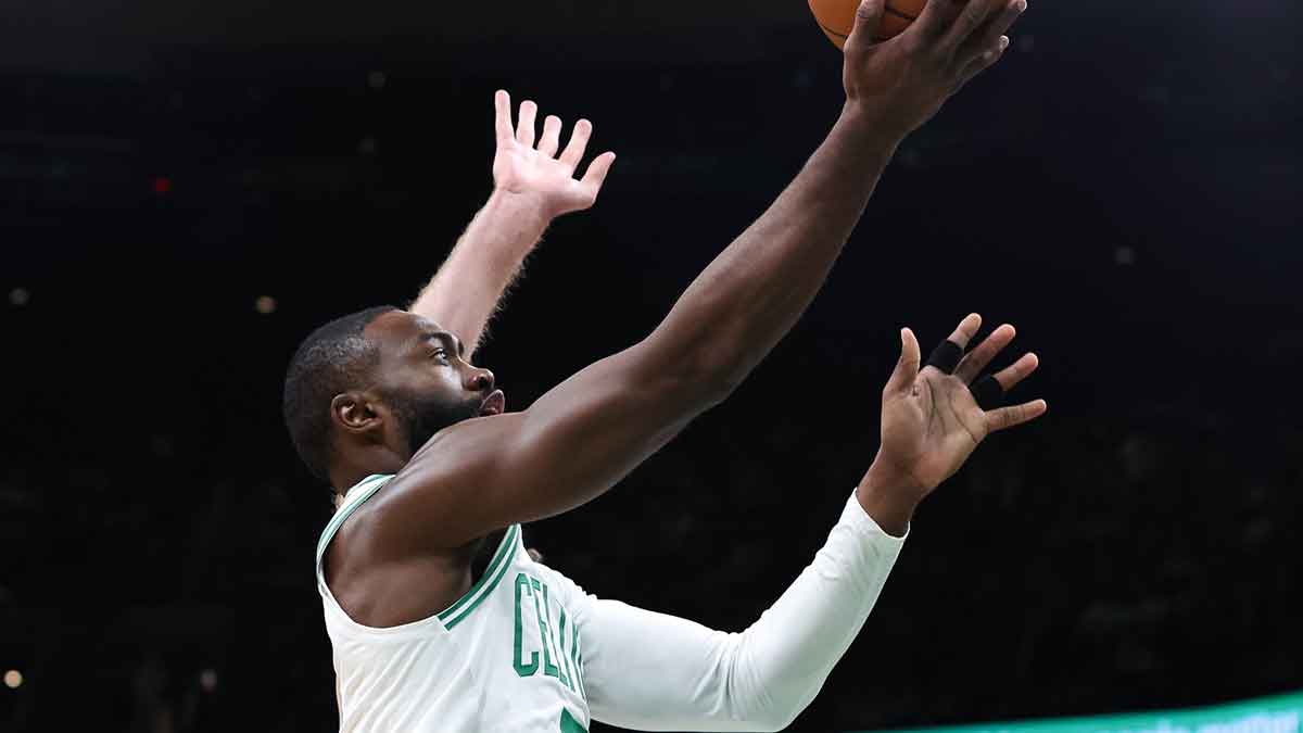 Boston Celtics forward Jaylen Brown (7) shoots during the first half against the Toronto Raptors at TD Garden.