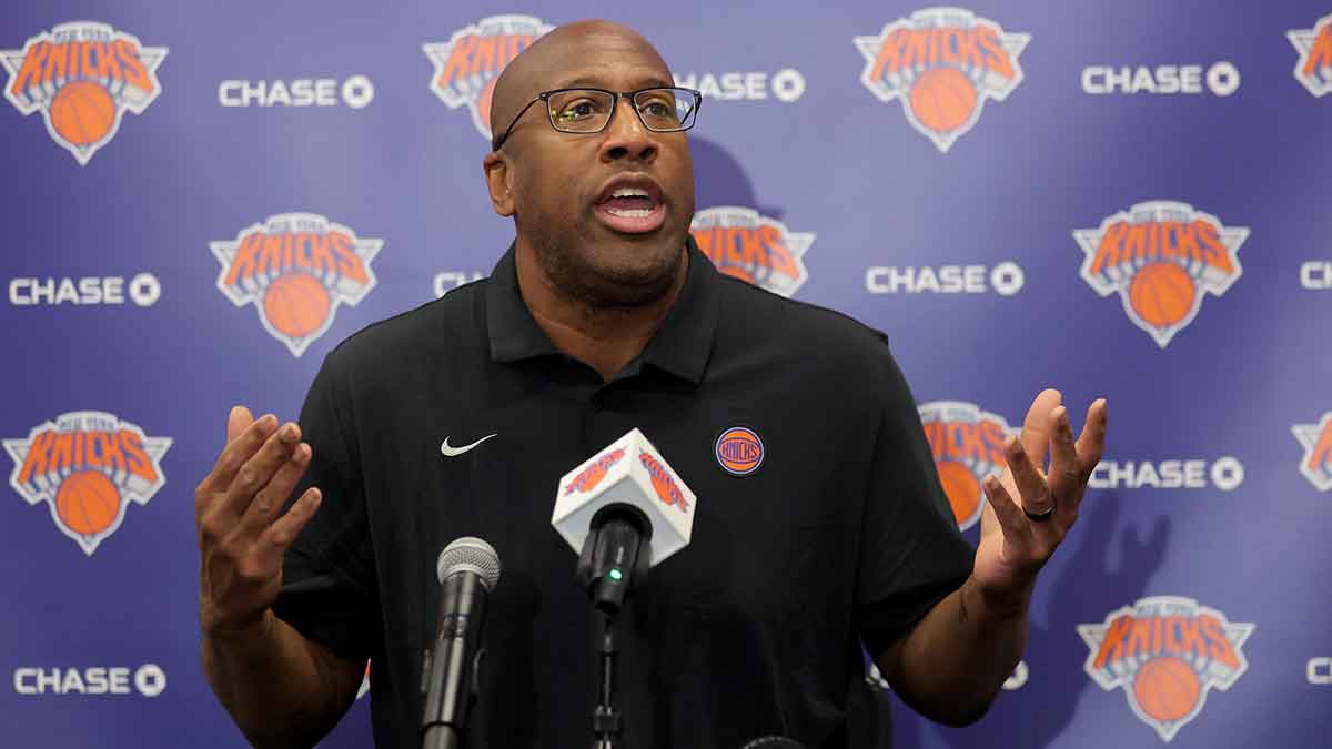 New York Knicks head coach Mike Brown speaks to the media during a media day press conference at the Madison Square Garden training center.