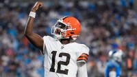 Cleveland Browns quarterback Shedeur Sanders (12) celebrates his touchdown pass against the Carolina Panthers during the second quarter at Bank of America Stadium.