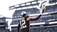 Cleveland Browns quarterback Shedeur Sanders (12) reacts on the sideline to a play against the Philadelphia Eagles during the second quarter at Lincoln Financial Field.